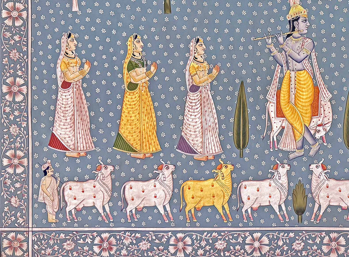 Vintage Krishna in Vrindavan -  Pichwai Painting (Handmade / Unframed / 91.4 x 120.6 cm)