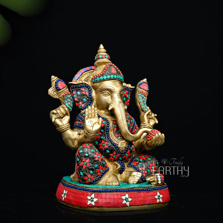 Brass Ganesha Idol | Fine Stone Work