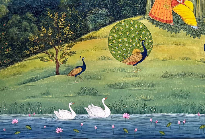 Radha Sheltering Krishna During the Monsoon Raga (Handmade Pichwai Painting / Unframed / 111.7 x 167.6 cm)