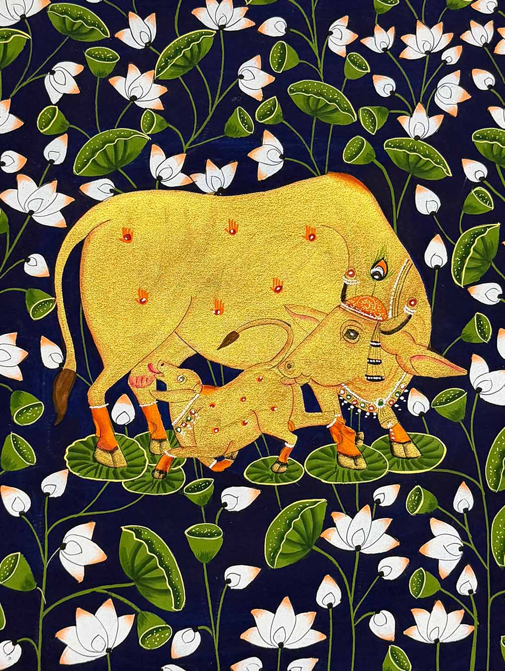 Cow &amp; Calf Pichwai Painting (Handmade / Unframed / 55.5 x 40.2 cm)