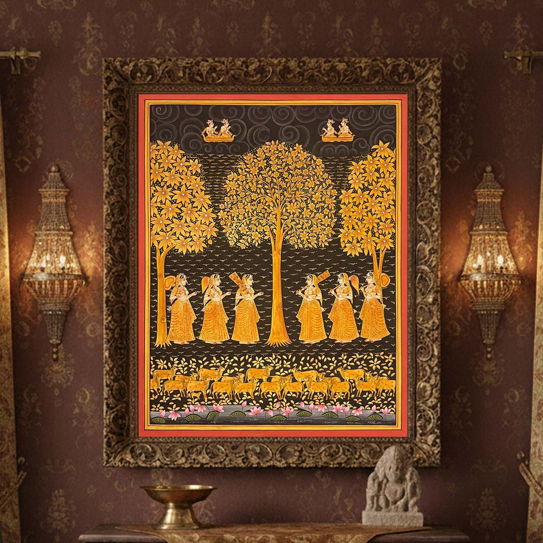 Pichwai Tree &amp; Gopis Painting (Handmade / Unframed / 91.4 x 121.9 cm)