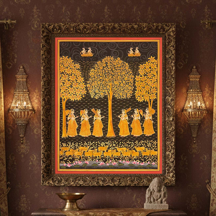 Pichwai Tree &amp; Gopis Painting (Handmade / Unframed / 91.4 x 121.9 cm)