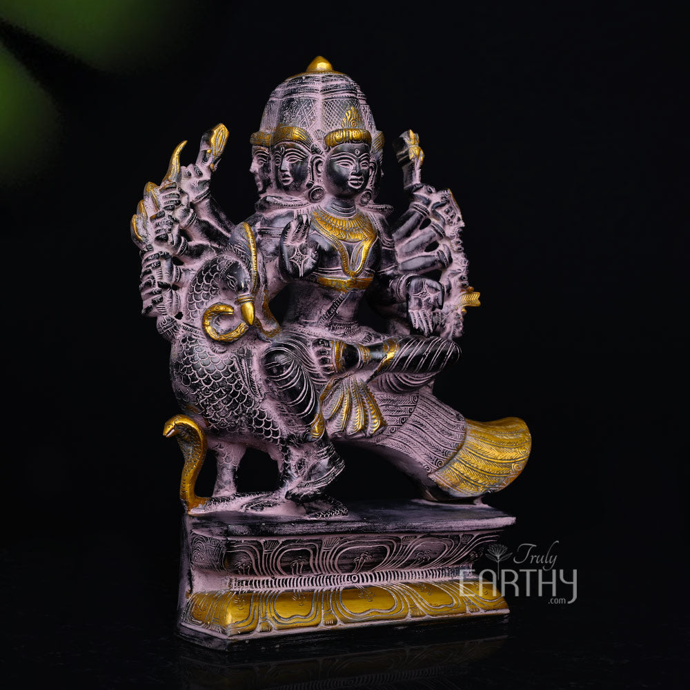 Brass Six Headed Karttikeya (Murugan) Seated on Peacock (13.3 Kg)