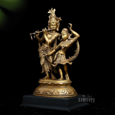Radha & Krishna in Divine Dance | Handmade Brass Statue (with wooden base)