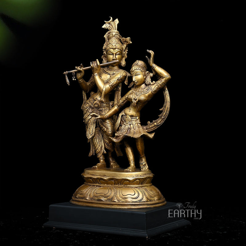 Radha & Krishna in Divine Dance | Handmade Brass Statue (with wooden base)