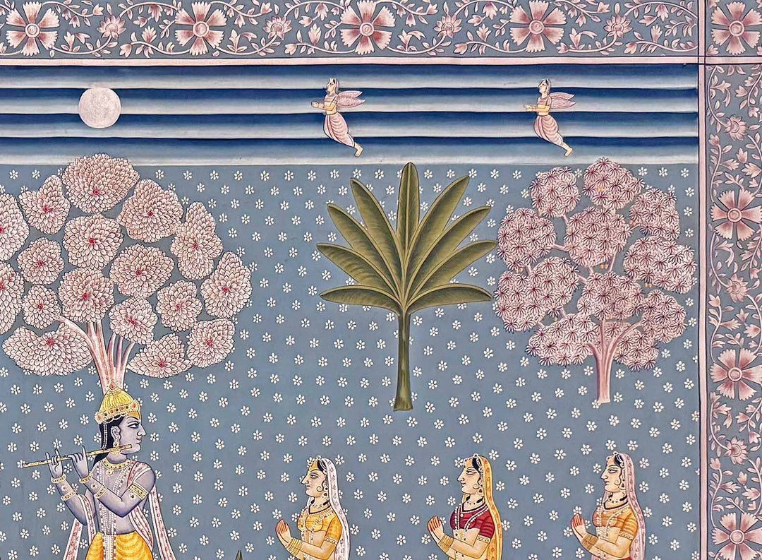 Vintage Krishna in Vrindavan -  Pichwai Painting (Handmade / Unframed / 91.4 x 120.6 cm)