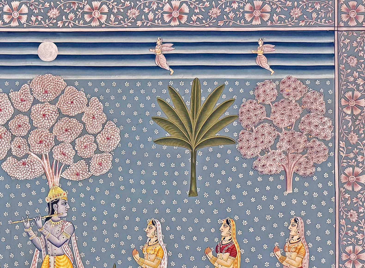 Vintage Krishna in Vrindavan -  Pichwai Painting (Handmade / Unframed / 91.4 x 120.6 cm)