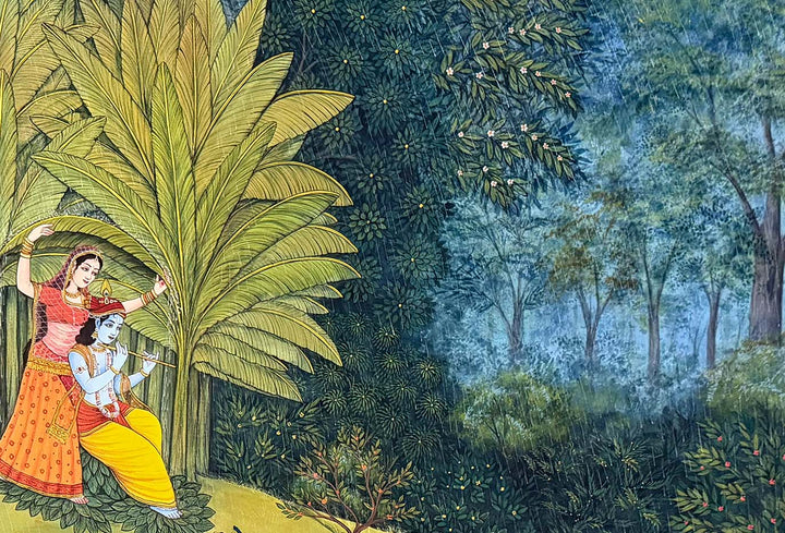 Radha Sheltering Krishna During the Monsoon Raga (Handmade Pichwai Painting / Unframed / 111.7 x 167.6 cm)