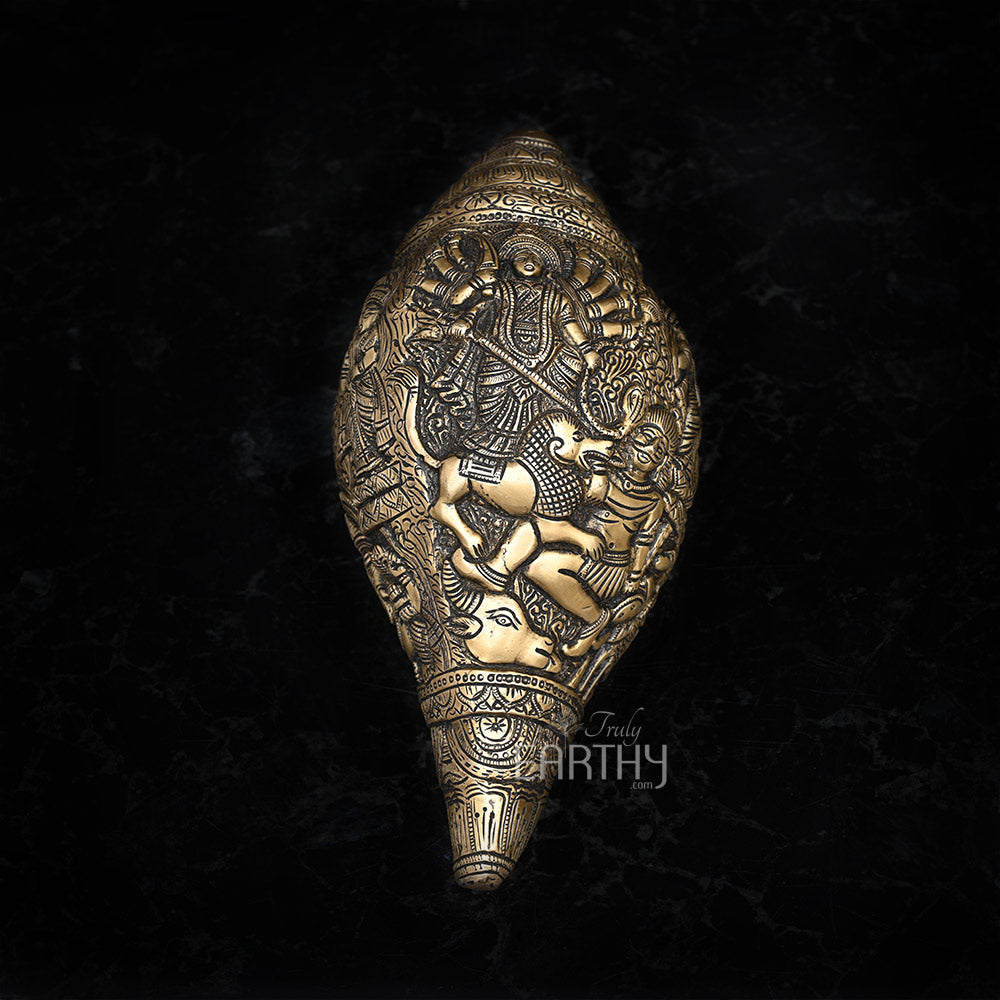 Brass Shankh with Durga Carving (Conch)