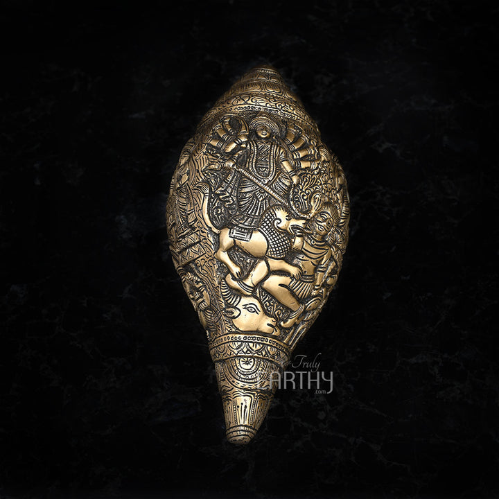 Brass Shankh with Durga Carving (Conch)
