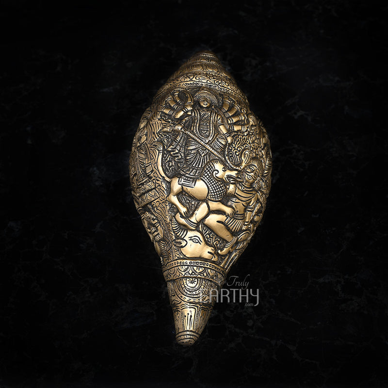 Brass Shankh with Durga Carving (Conch)
