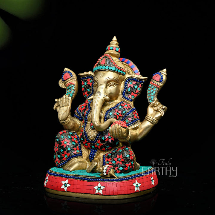 Brass Ganesha Idol | Fine Stone Work