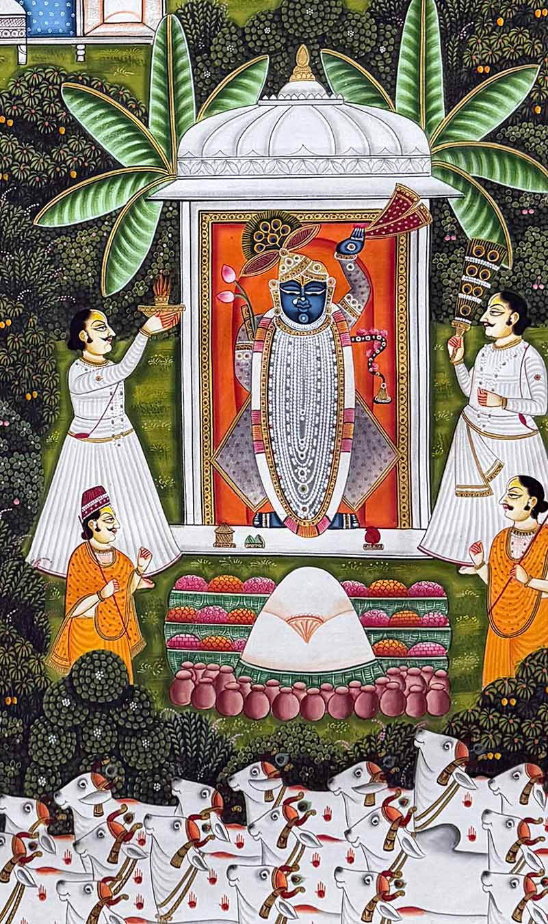 Teen Darshan - Handmade Pichwai Painting (Unframed / 91.4 x 152.4 cm)