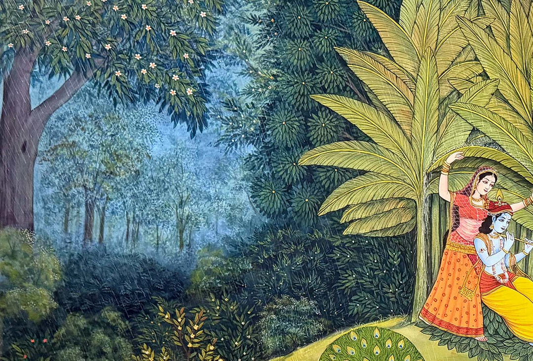 Radha Sheltering Krishna During the Monsoon Raga (Handmade Pichwai Painting / Unframed / 111.7 x 167.6 cm)