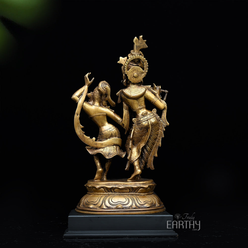 Radha &amp; Krishna in Divine Dance | Handmade Brass Statue (with wooden base)