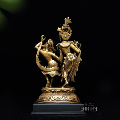 Radha & Krishna in Divine Dance | Handmade Brass Statue (with wooden base)