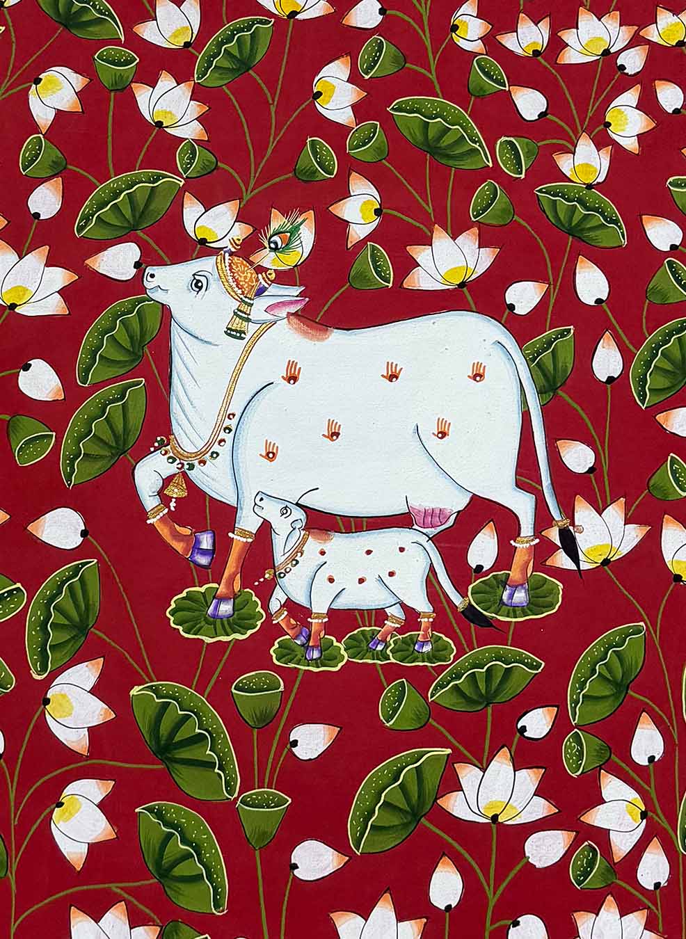 Cow &amp; Calf Pichwai Painting (Handmade / Unframed / 55.3 x 40 cm)