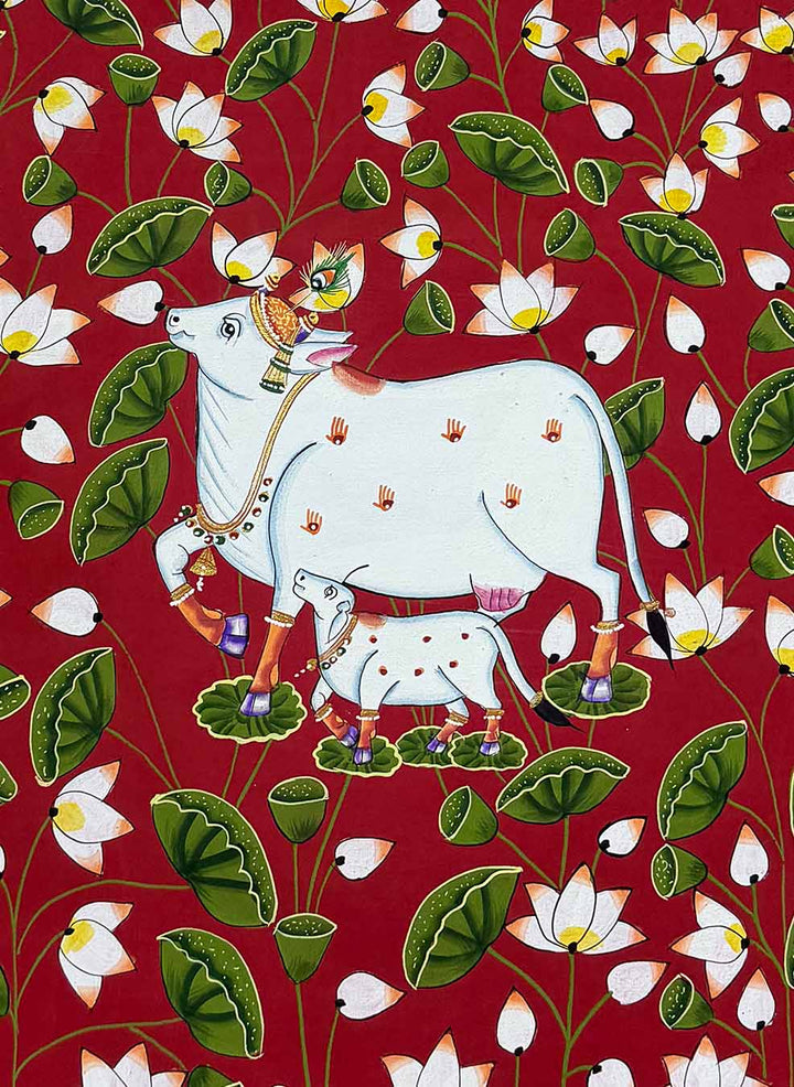 Cow &amp; Calf Pichwai Painting (Handmade / Unframed / 55.3 x 40 cm)