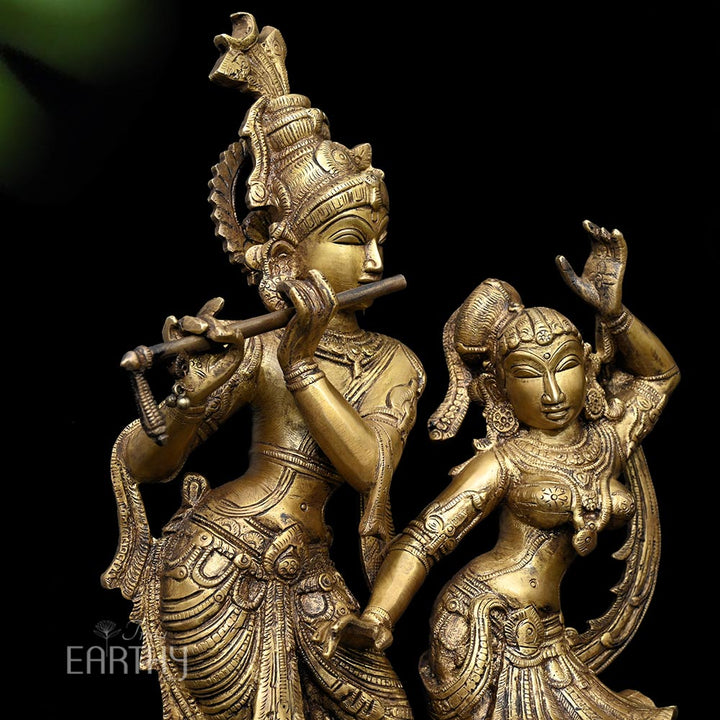 Radha &amp; Krishna in Divine Dance | Handmade Brass Statue (with wooden base)