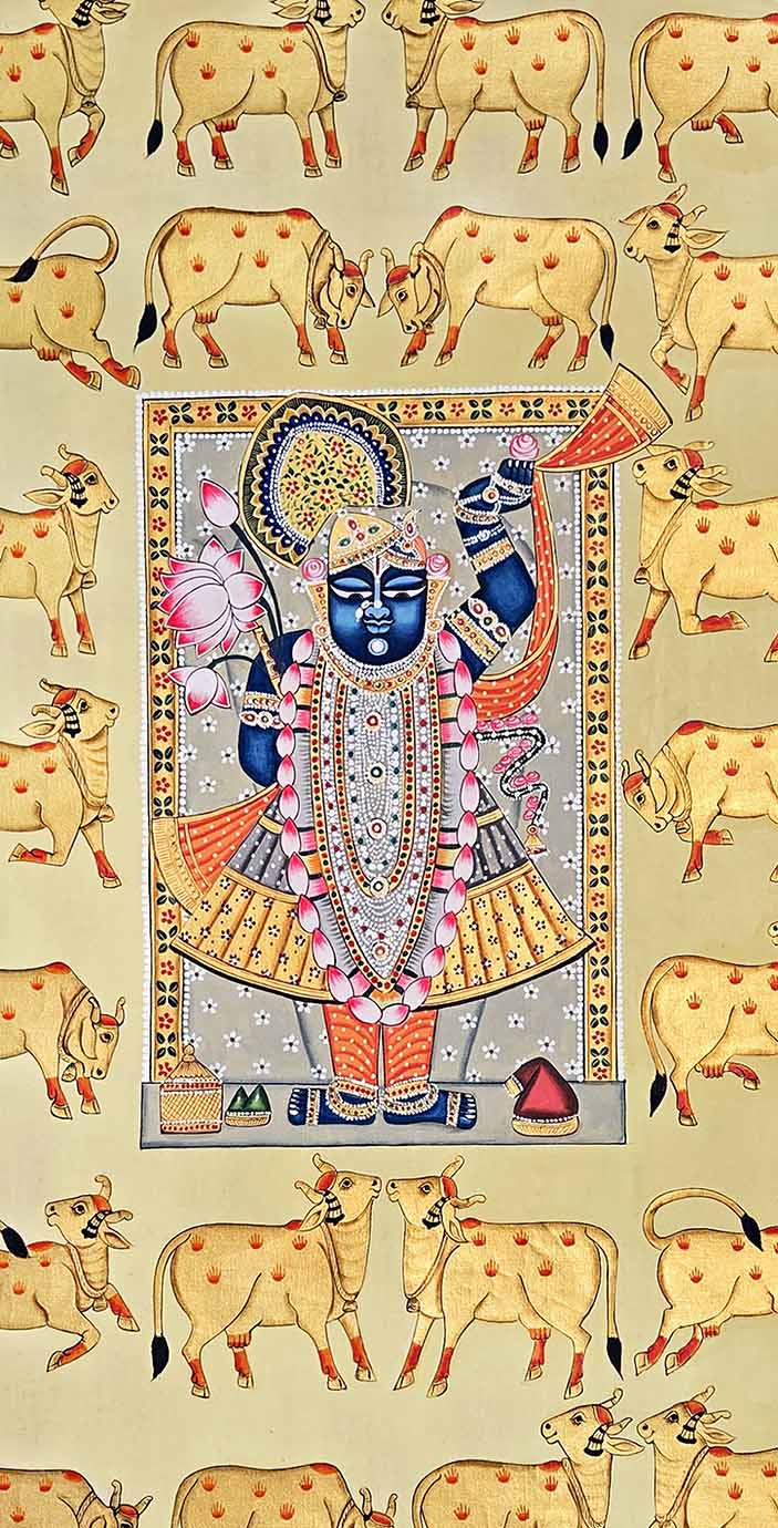 Shrinathji &amp; Cows - Handmade Pichwai Painting (Unframed / 60.9 x 121.9 cm)