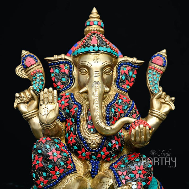 Brass Ganesha Idol | Fine Stone Work