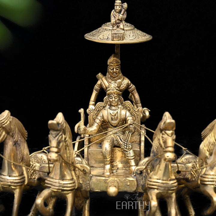 Krishna Arjuna Rath Chariot with 4 Horses sculpture closeup