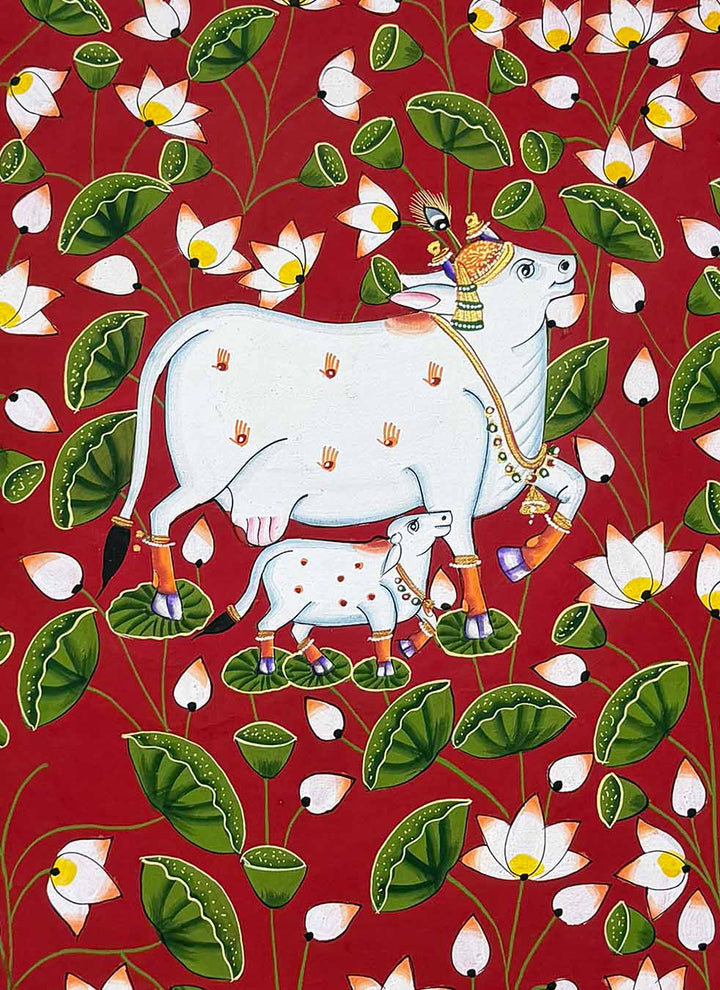 Cow &amp; Calf Pichwai Painting (Handmade / Unframed / 55.5 x 40.3 cm)