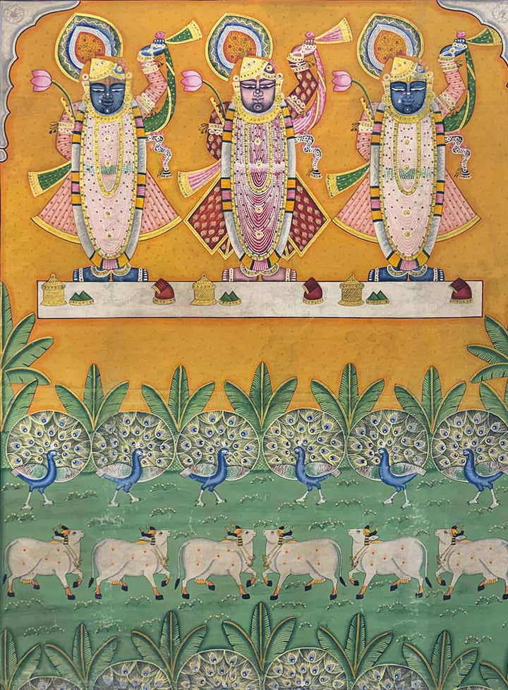 Teen Swaroop - Handmade Pichwai Painting (Unframed / 106.6 x 152.4 cm)