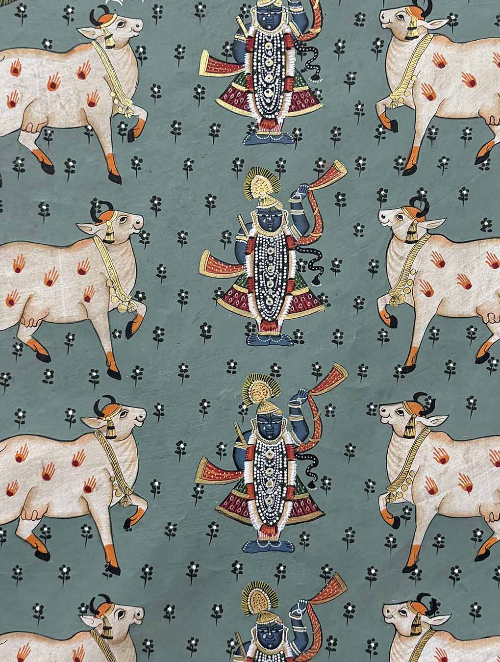 Shrinathji &amp; Cows Pichwai Painting (Handmade / Unframed / 60.9 x 45.7 cm)