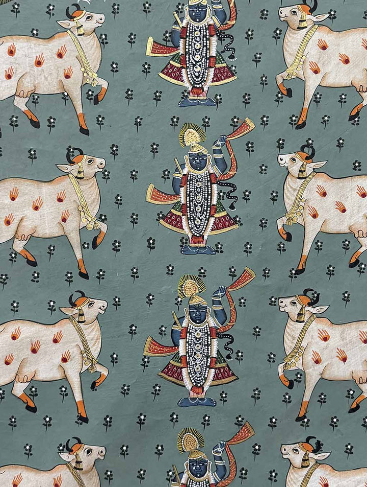 Shrinathji &amp; Cows Pichwai Painting (Handmade / Unframed / 60.9 x 45.7 cm)