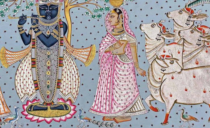 Traditional Silver Foil - Pichwai Painting (Handmade / Unframed / 88 x 147.5 cm)