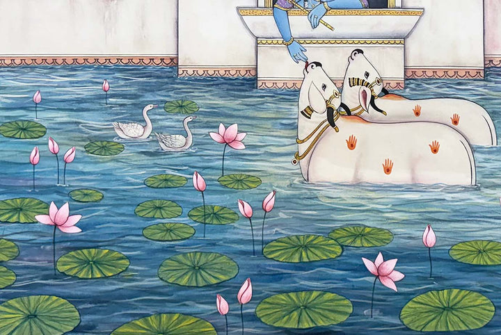 Divine Affection by the Lotus Pond (Handmade Painting / Unframed / 111.7 x 167.6 cm)