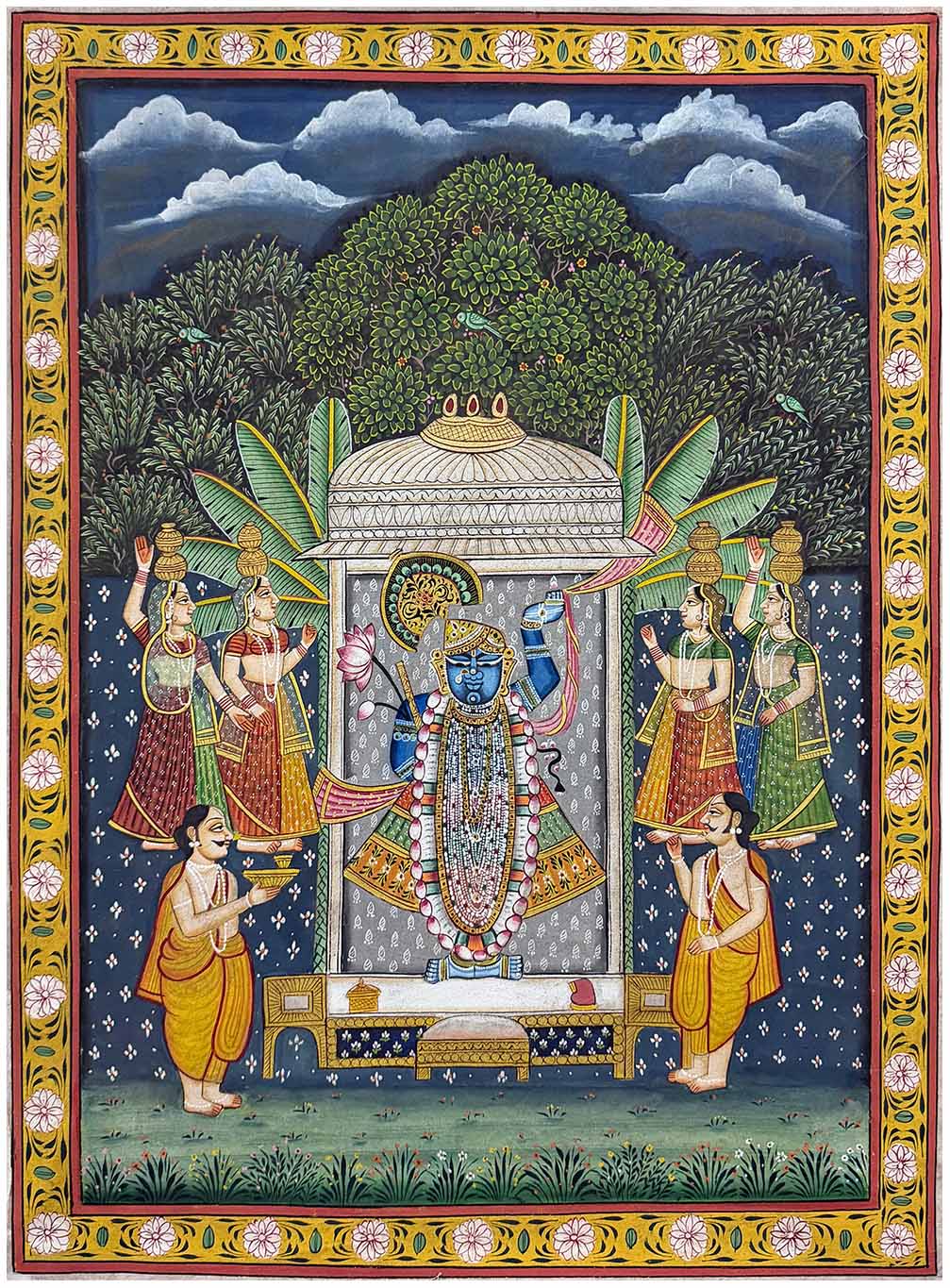 Handmade Sharad Purnima Pichwai painting featuring Shrinathji art.