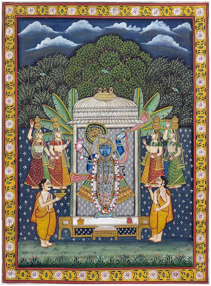 Handmade Sharad Purnima Pichwai painting featuring Shrinathji art.