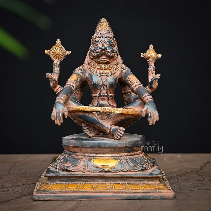 Brass Lord Narasimha Statue in Yoga Mudra ( 6.1 Kg / Antique Finish)