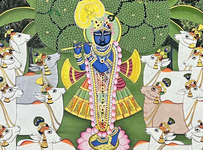 shrinathji with cows pichwai painting, closeup