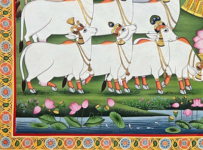 Shrinathji with Cows in Forest - Handmade Pichwai Painting (Unframed / 3 x 4 feet)
