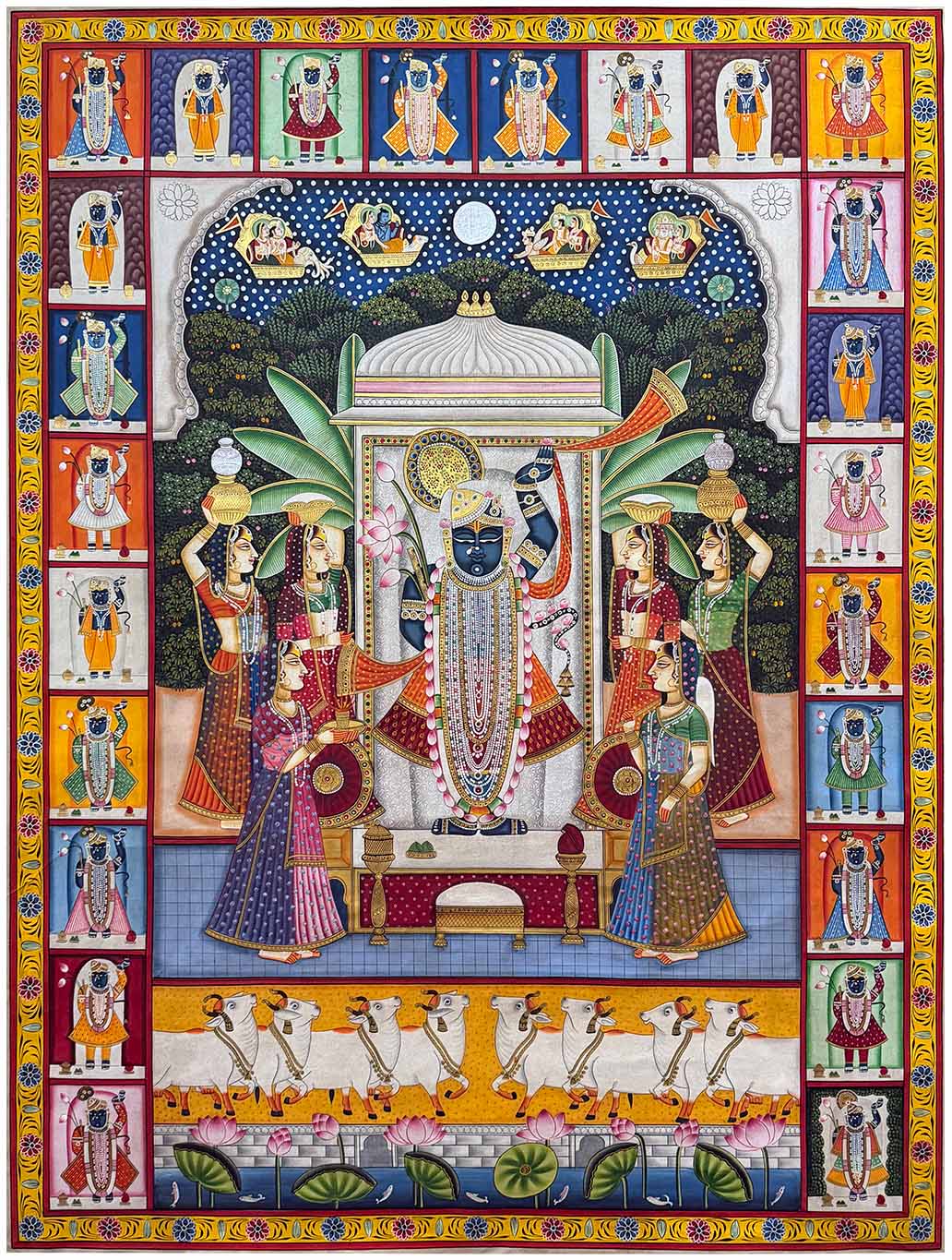 Handmade Sharad Purnima Pichwai painting with gold leaf accents detailing Shrinathji
