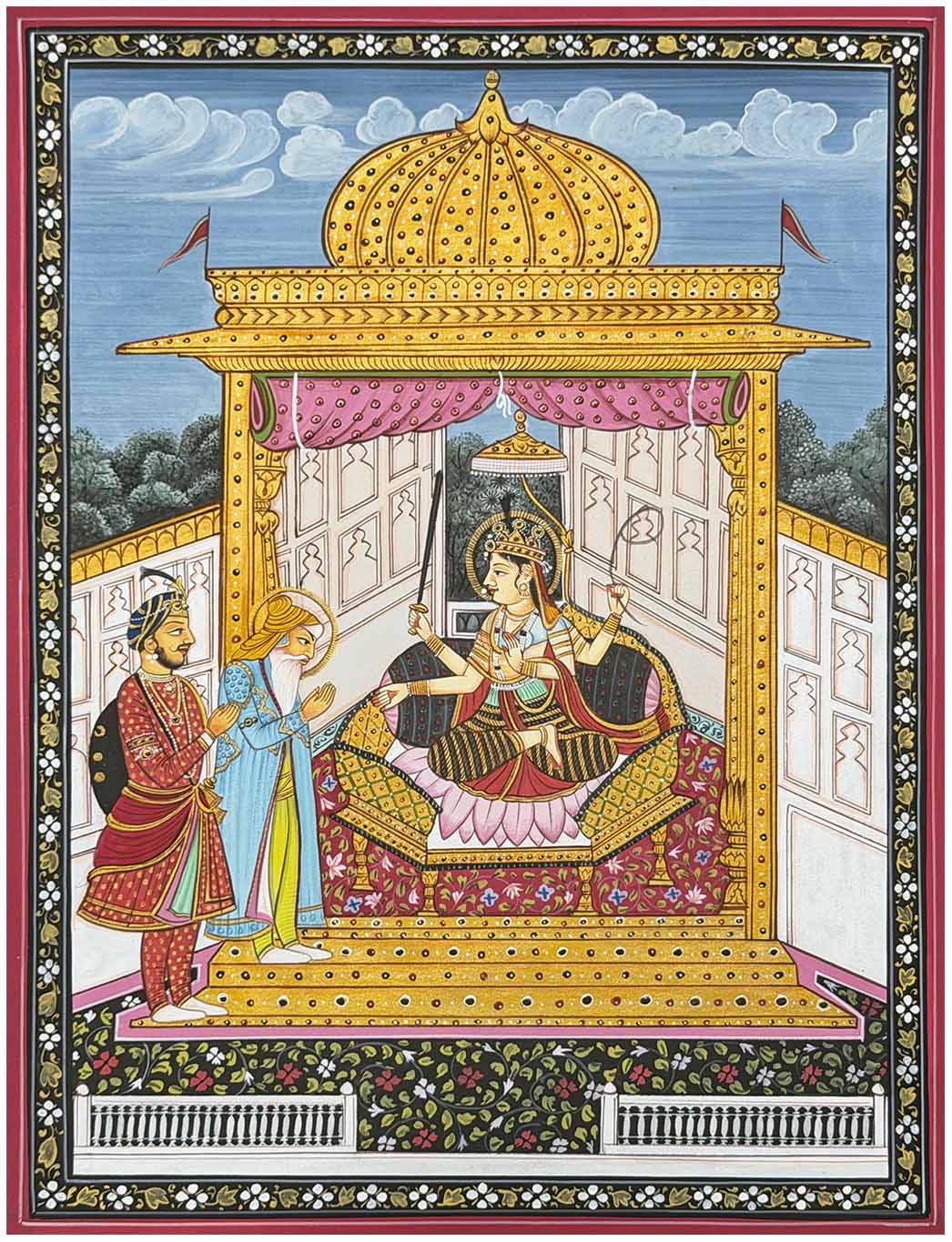 A traditional Indian hand-painted miniature painting (Rajasthani style) depicting a royal scene. A queen sits on a decorated throne under a golden domed pavilion, flanked by two courtiers.