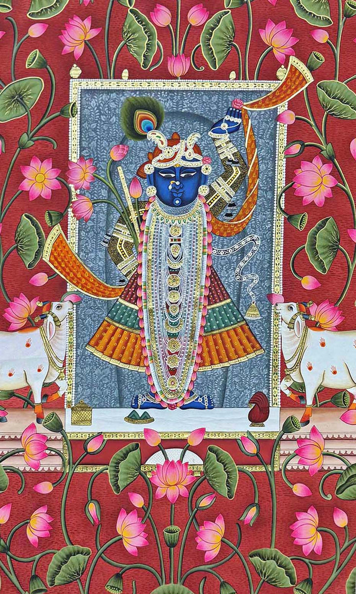 shrinathji pichwai painting, closeup