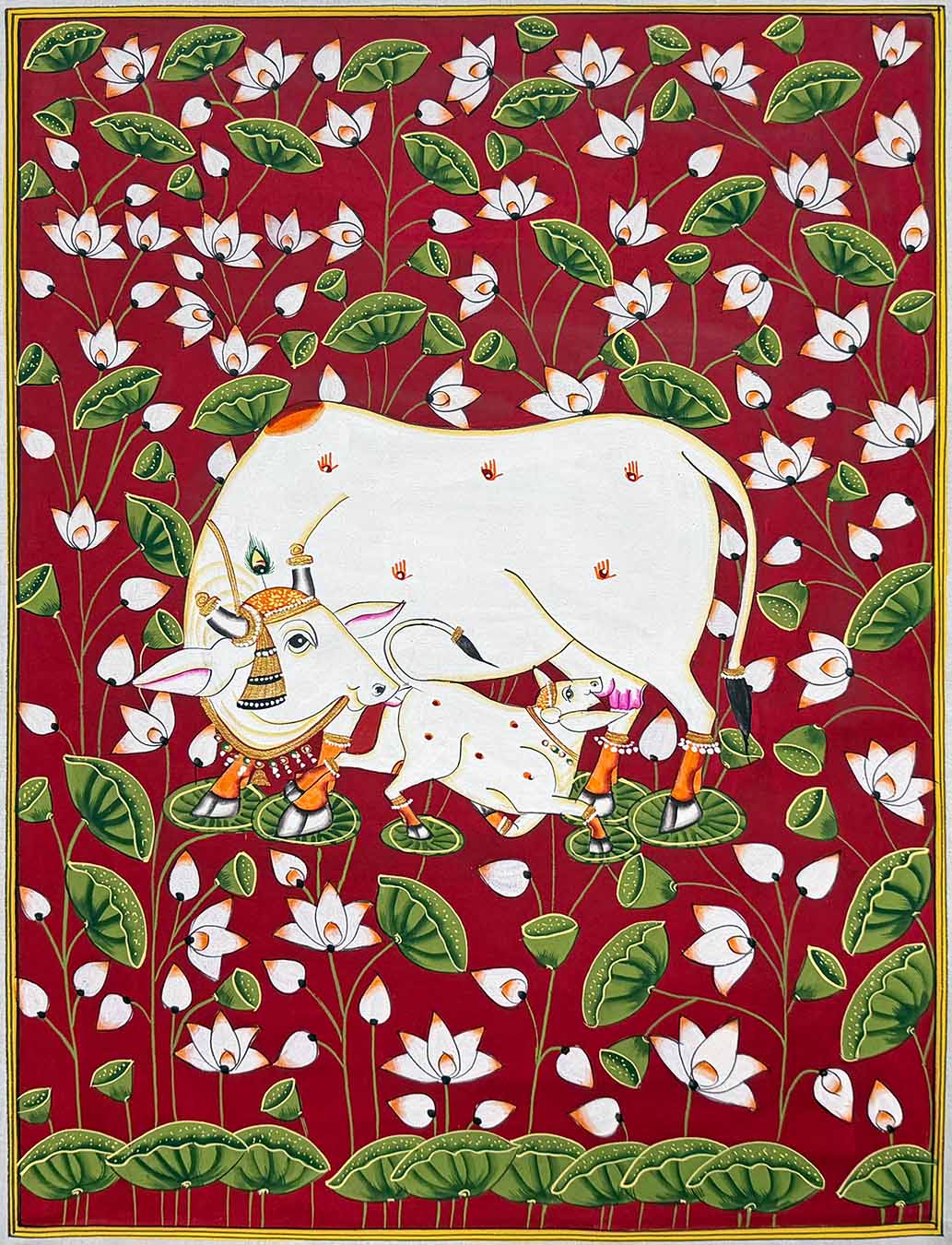 Red Cow &amp; Calf Pichwai Painting for Sale