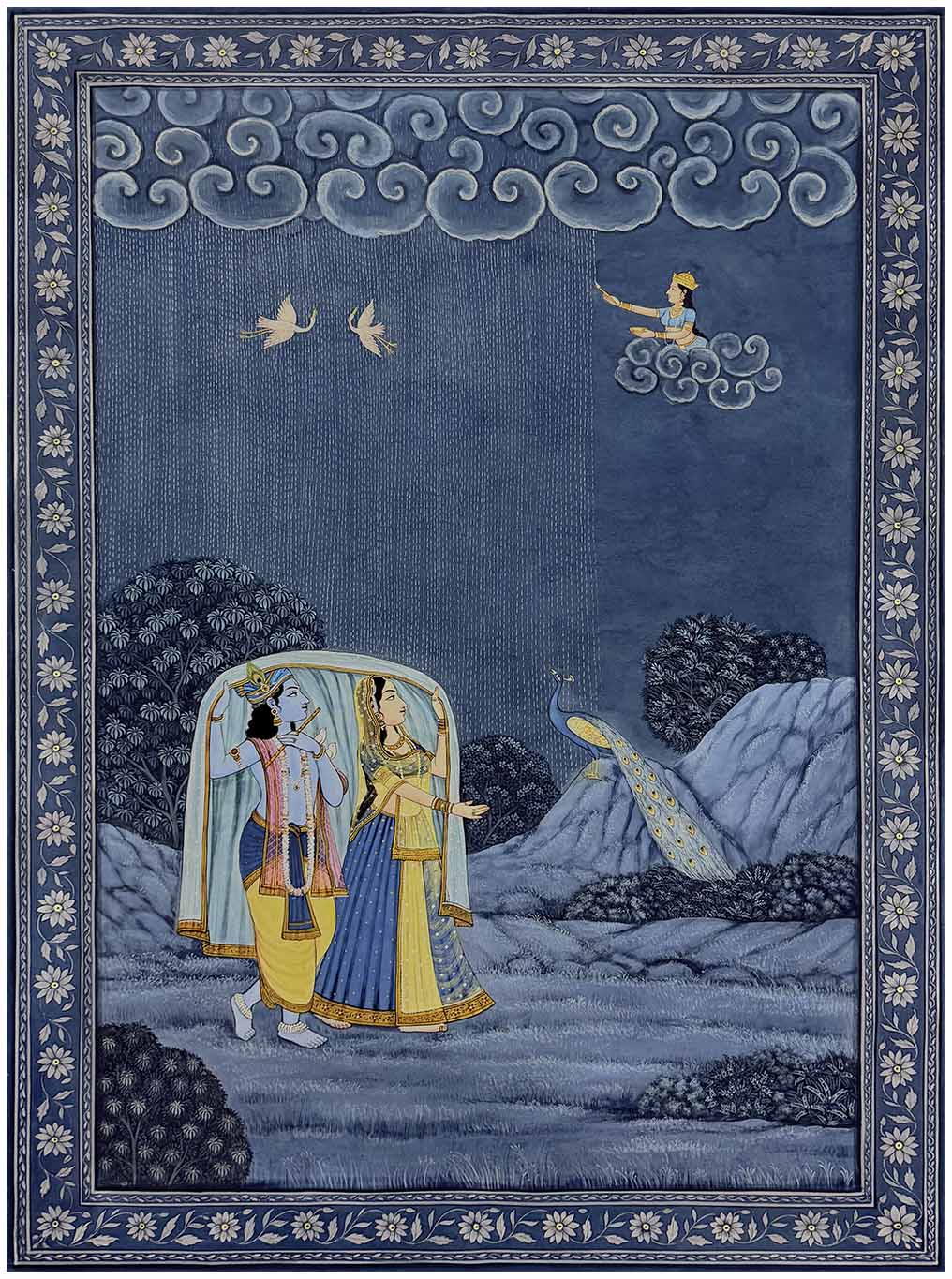 Hand-painted Radha Krishna painting with celestial angel creating rain clouds in the sky, traditional Indian miniature art