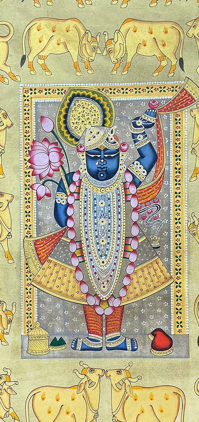 Shrinathji & Cows - Handmade Pichwai Painting (23 x 47 inches / Unframed)