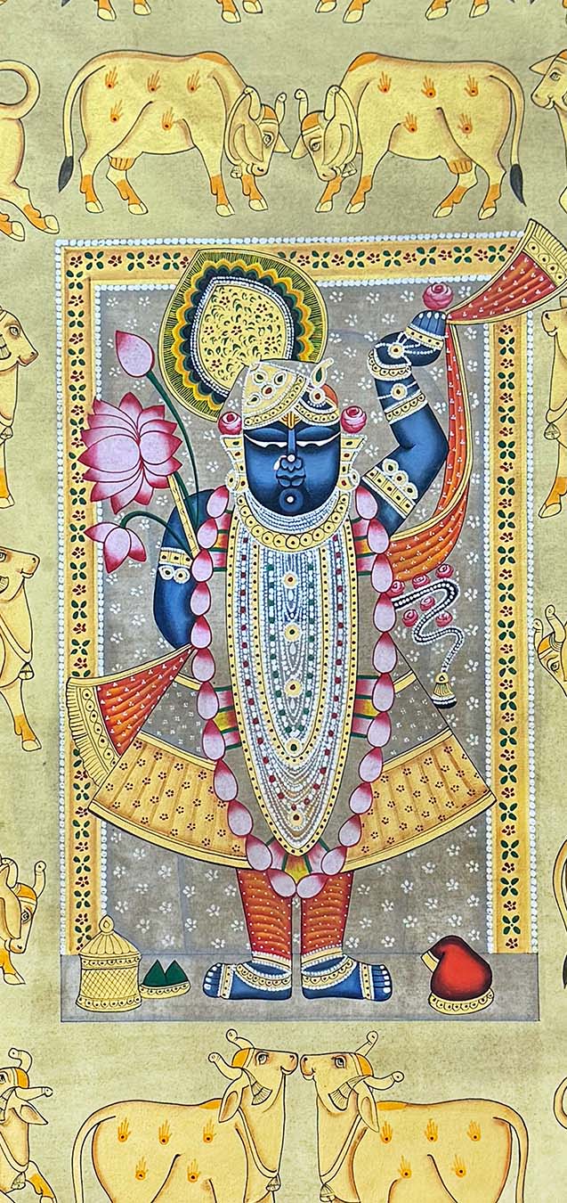 Shrinathji & Cows - Handmade Pichwai Painting (23 x 47 inches / Unframed)