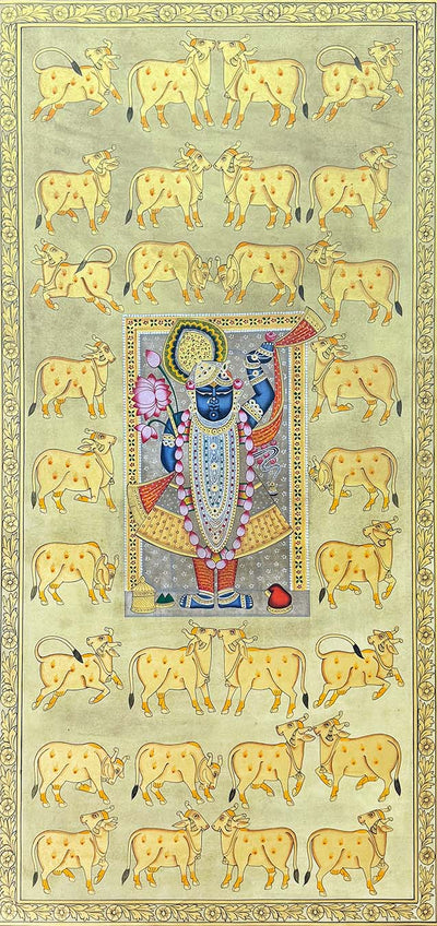 Shrinathji & Cows - Handmade Pichwai Painting (23 x 47 inches / Unframed)