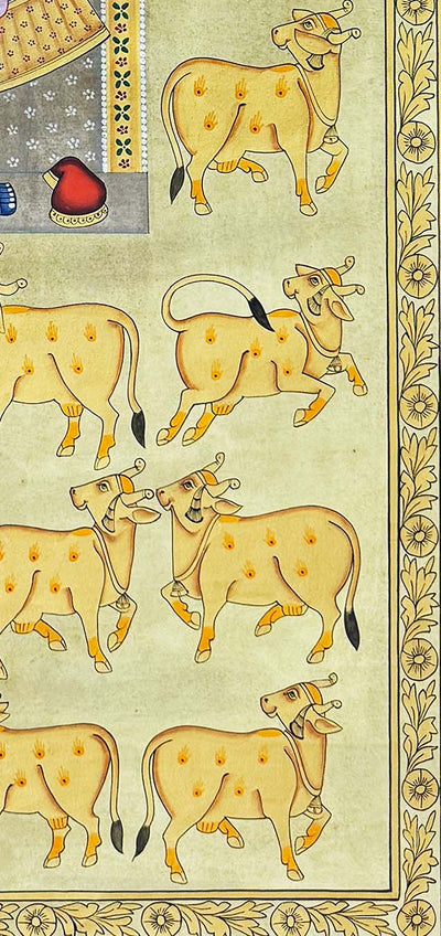 Shrinathji & Cows - Handmade Pichwai Painting (23 x 47 inches / Unframed)