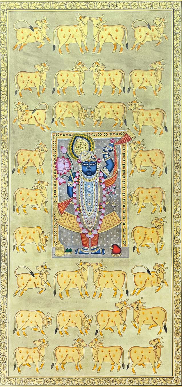 Shrinathji & Cows - Handmade Pichwai Painting (23 x 47 inches / Unframed)