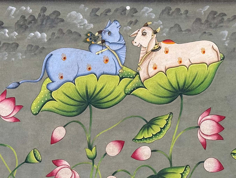 cows pichwai painting, closeup