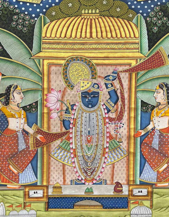 antique traditional pichwai painting, closeup
