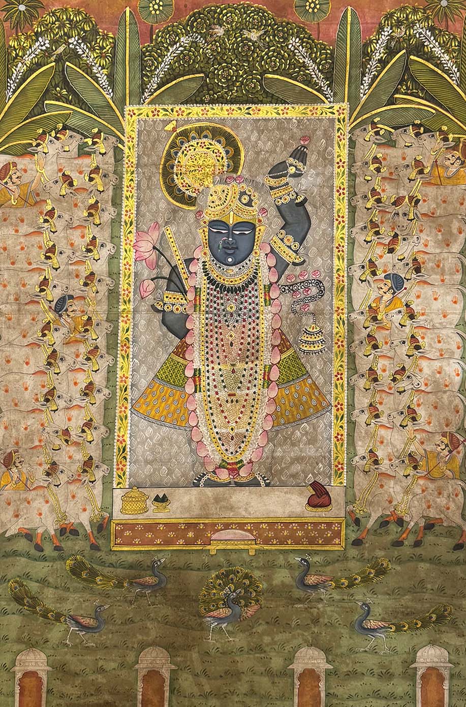 Sharad Purnima with 24 Swaroop Shreenathji Handmade Pichwai Painting (Handmade / Unframed / 115.5 x 173.9 cm)
